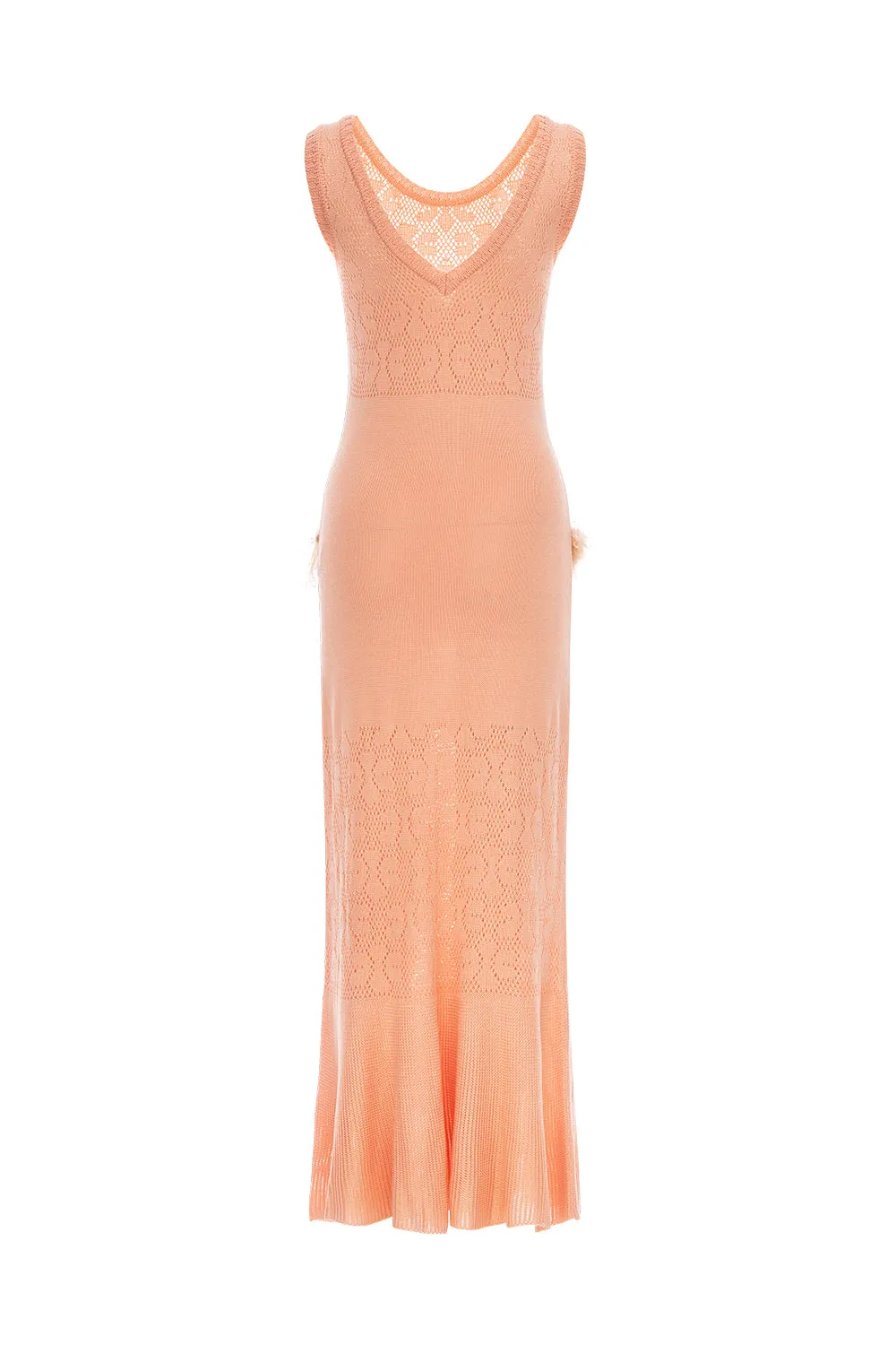 Vanilla Apricot Knit Dress With Feathers
