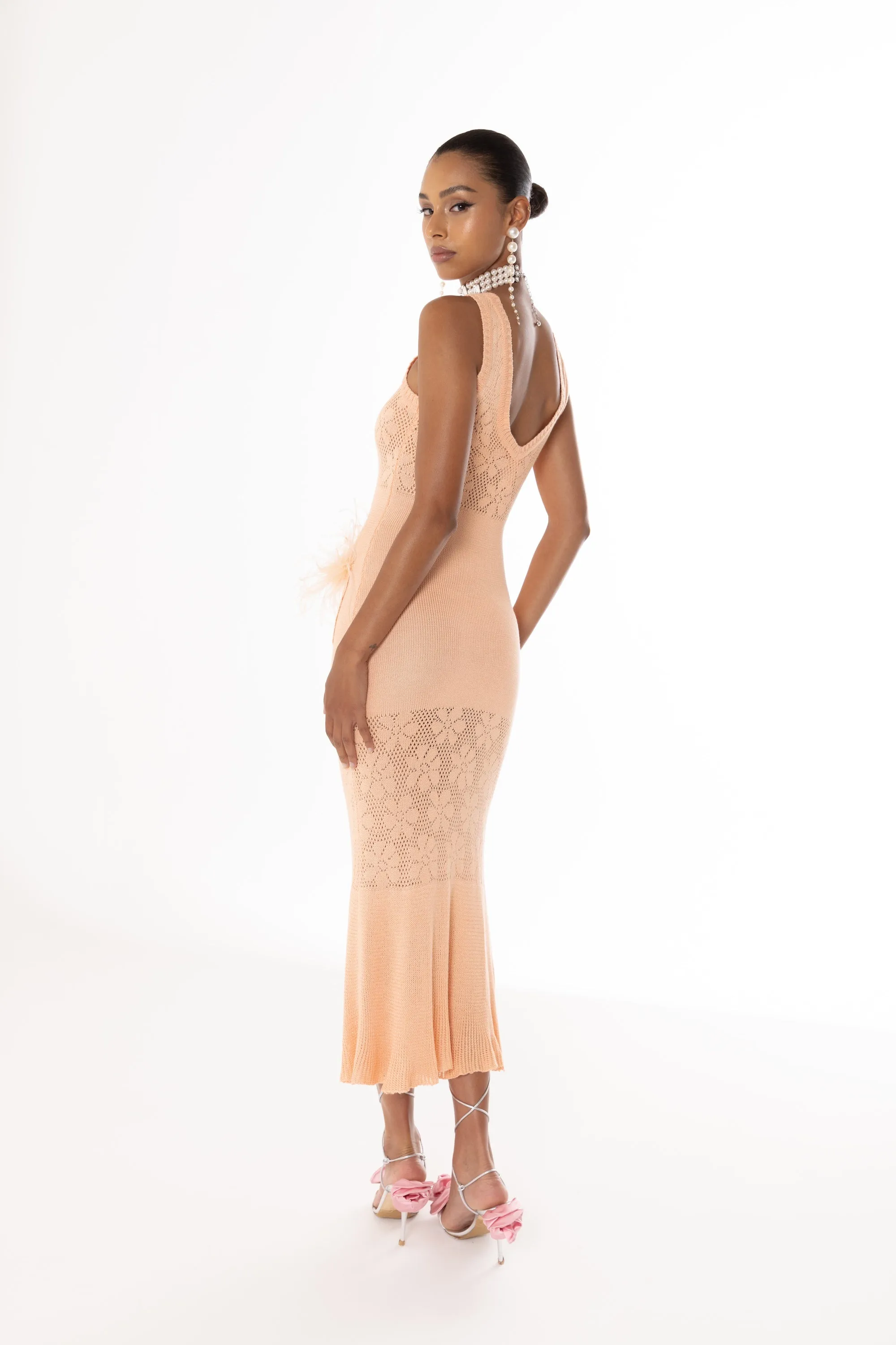 Vanilla Apricot Knit Dress With Feathers