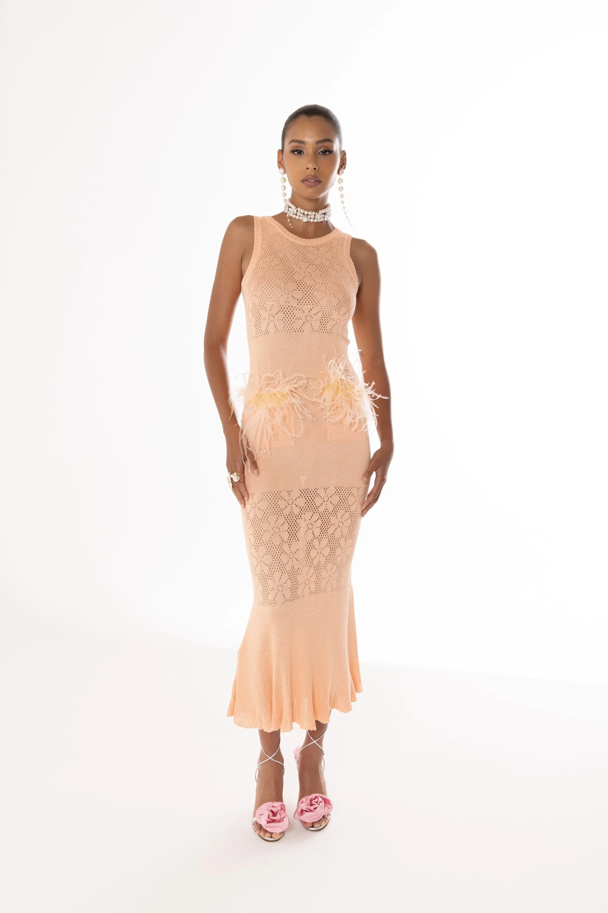 Vanilla Apricot Knit Dress With Feathers