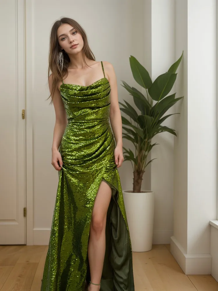 Versatile Detachable Spaghetti Strap Hallowed Back Sequin Cocktail Dress