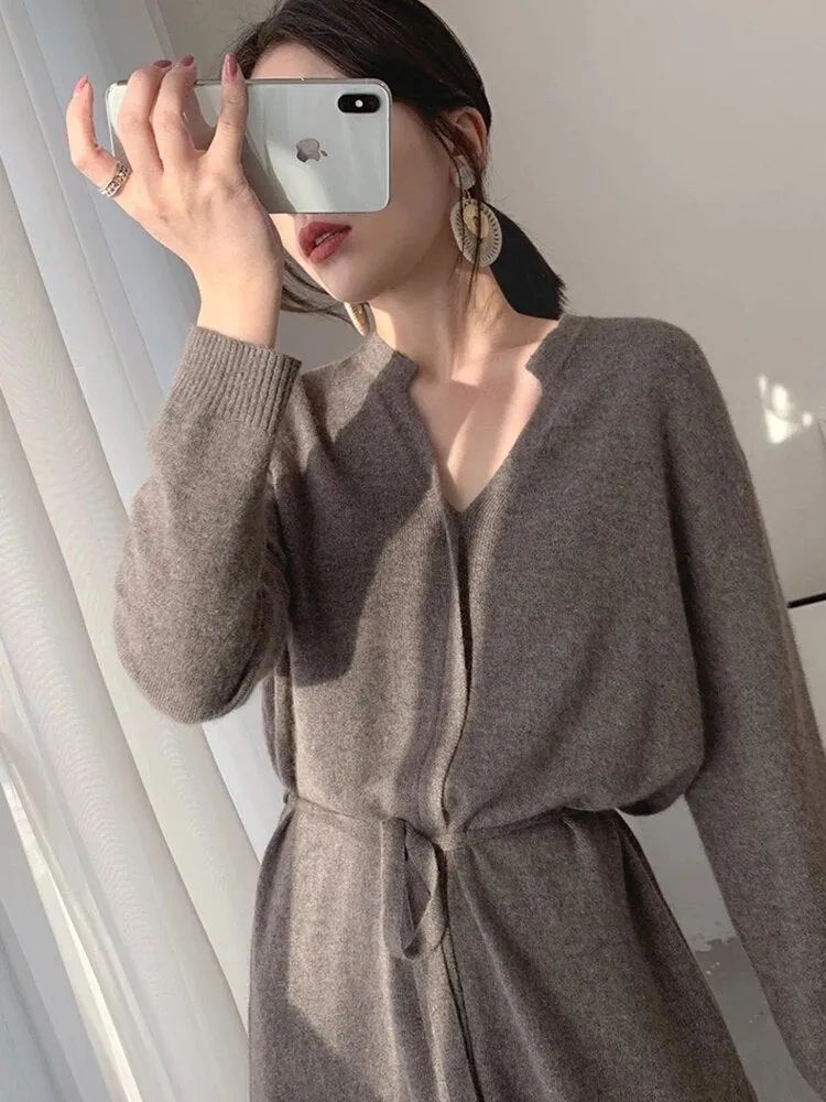 Vintage Knit Sweater Dress for Women V-Neck Warm Drawstring Lace-up Loose Midi Dress Gift for Her
