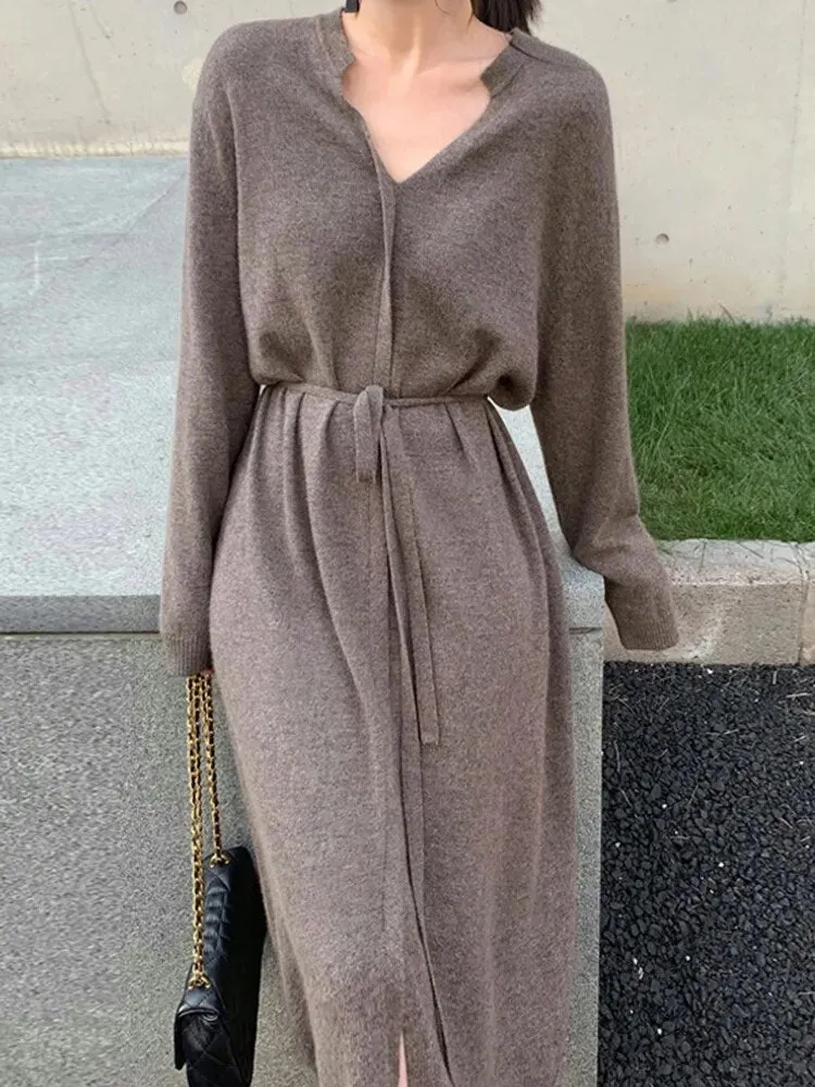 Vintage Knit Sweater Dress for Women V-Neck Warm Drawstring Lace-up Loose Midi Dress Gift for Her