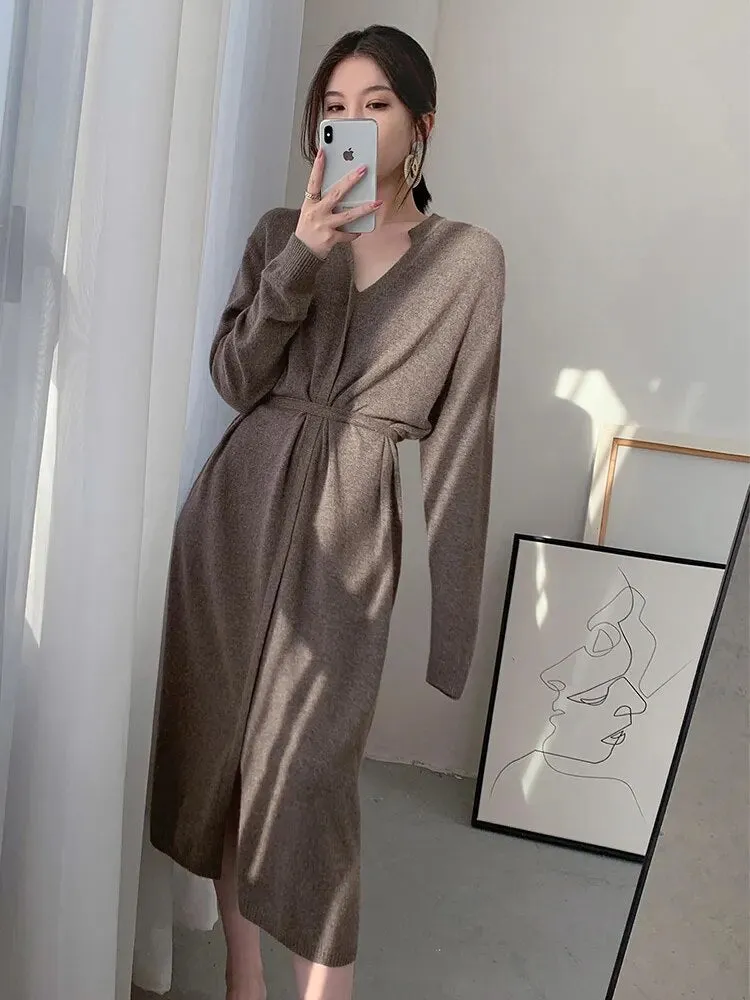 Vintage Knit Sweater Dress for Women V-Neck Warm Drawstring Lace-up Loose Midi Dress Gift for Her
