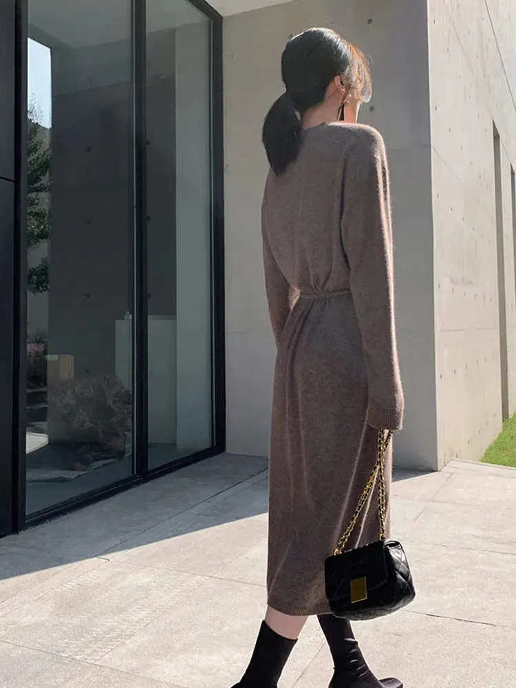 Vintage Knit Sweater Dress for Women V-Neck Warm Drawstring Lace-up Loose Midi Dress Gift for Her