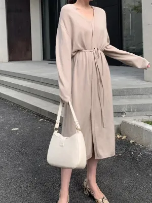 Vintage Knit Sweater Dress for Women V-Neck Warm Drawstring Lace-up Loose Midi Dress Gift for Her