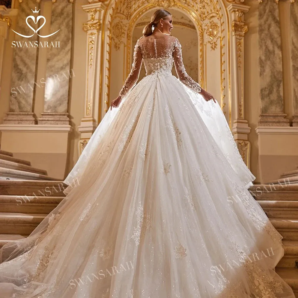 Wedding Dress Long Sleeve Lace Appliques Princess Bride Ball Gown