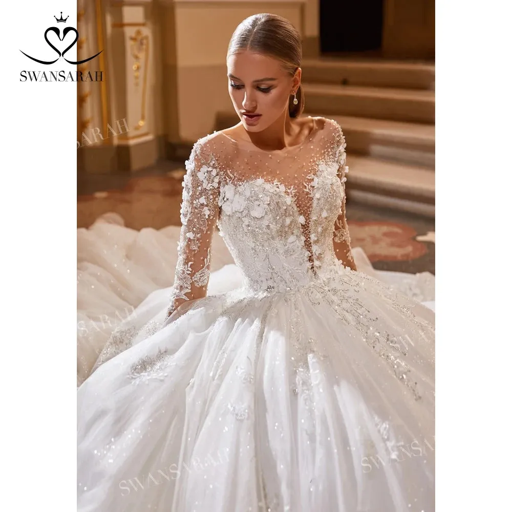 Wedding Dress Long Sleeve Lace Appliques Princess Bride Ball Gown