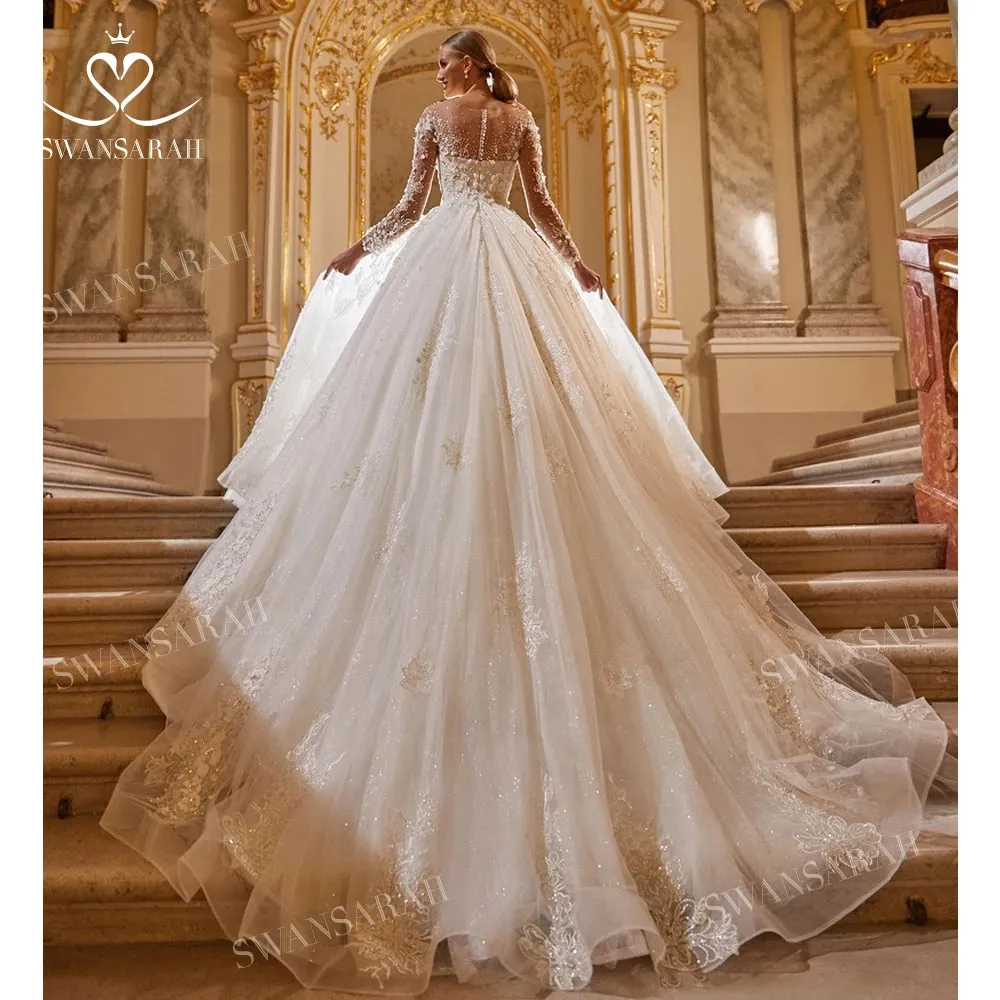 Wedding Dress Long Sleeve Lace Appliques Princess Bride Ball Gown