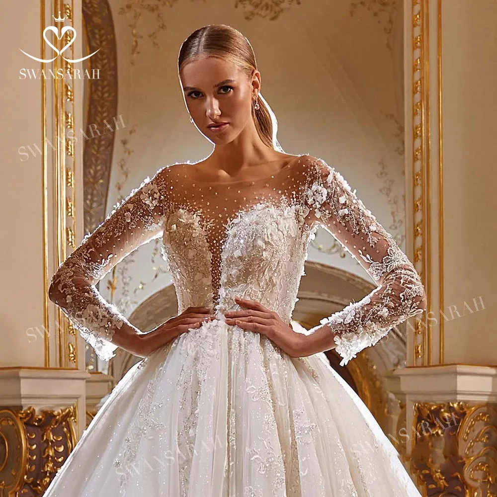 Wedding Dress Long Sleeve Lace Appliques Princess Bride Ball Gown