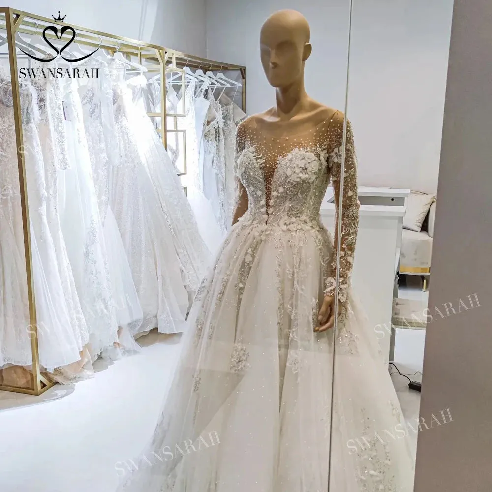Wedding Dress Long Sleeve Lace Appliques Princess Bride Ball Gown