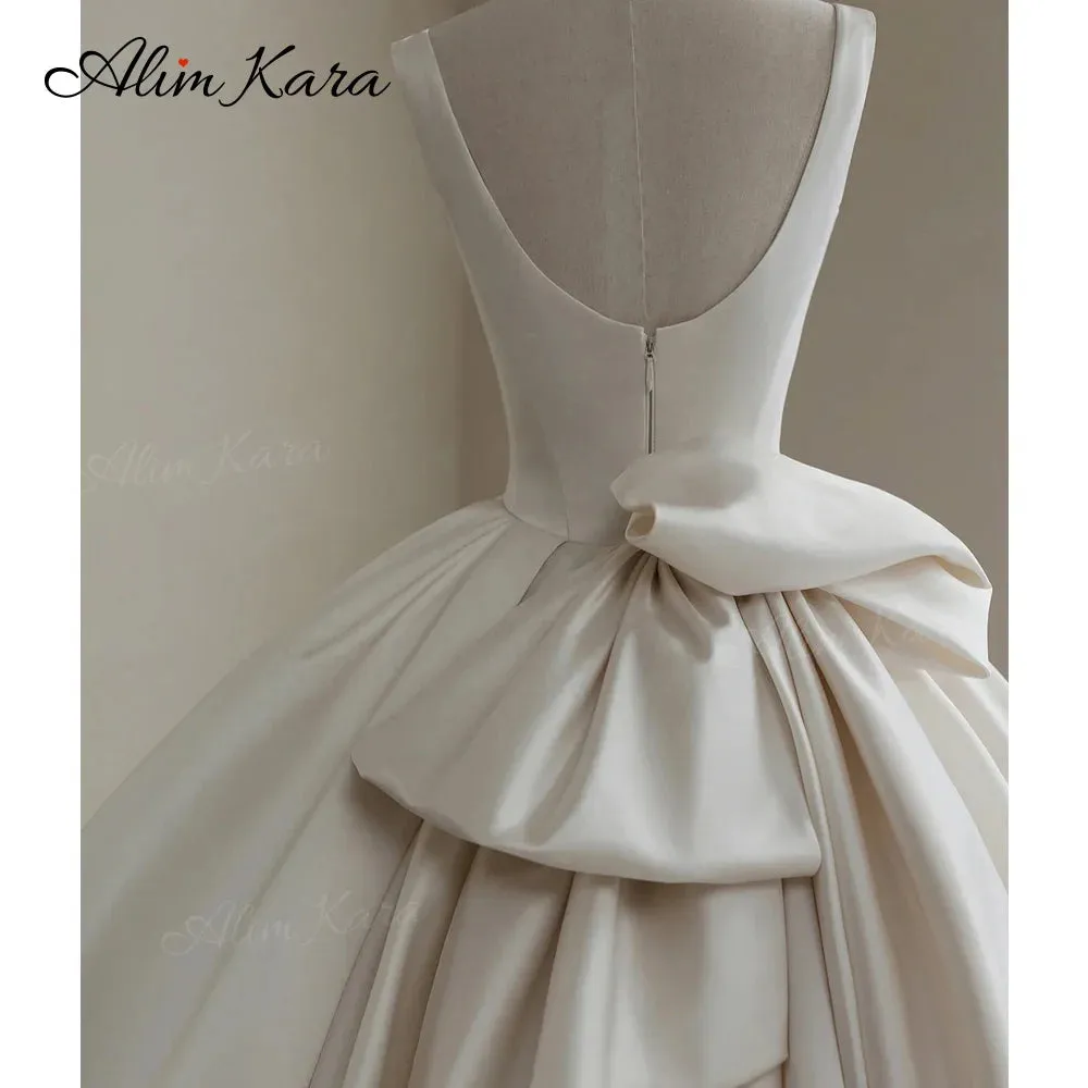 Wedding Dress Satin Square Collar Bow Bridal Princess B347 Plus Size