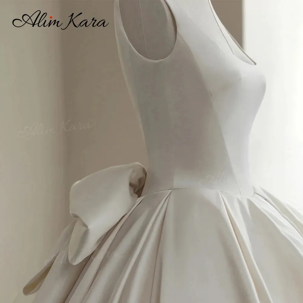 Wedding Dress Satin Square Collar Bow Bridal Princess B347 Plus Size