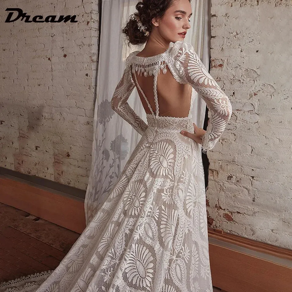 Wedding Dress With Detachable Long Sleeve Backless V Neck A Line Bridal Gown