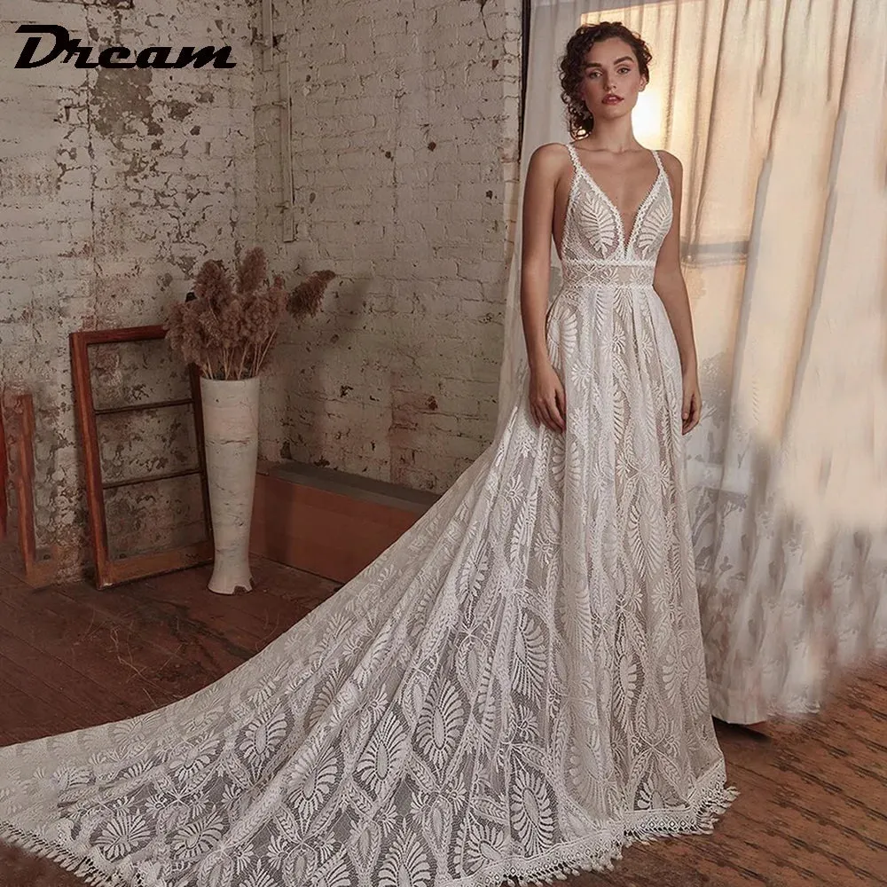 Wedding Dress With Detachable Long Sleeve Backless V Neck A Line Bridal Gown