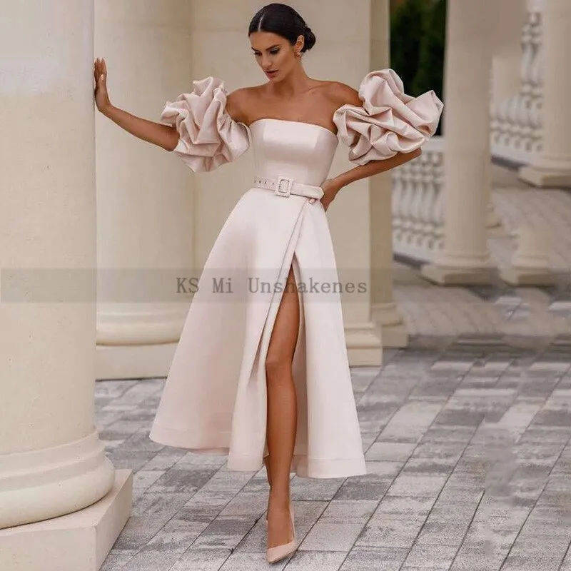Wedding Dresses Detachable Puff Short Sleeve Bride Dress Split Side Satin
