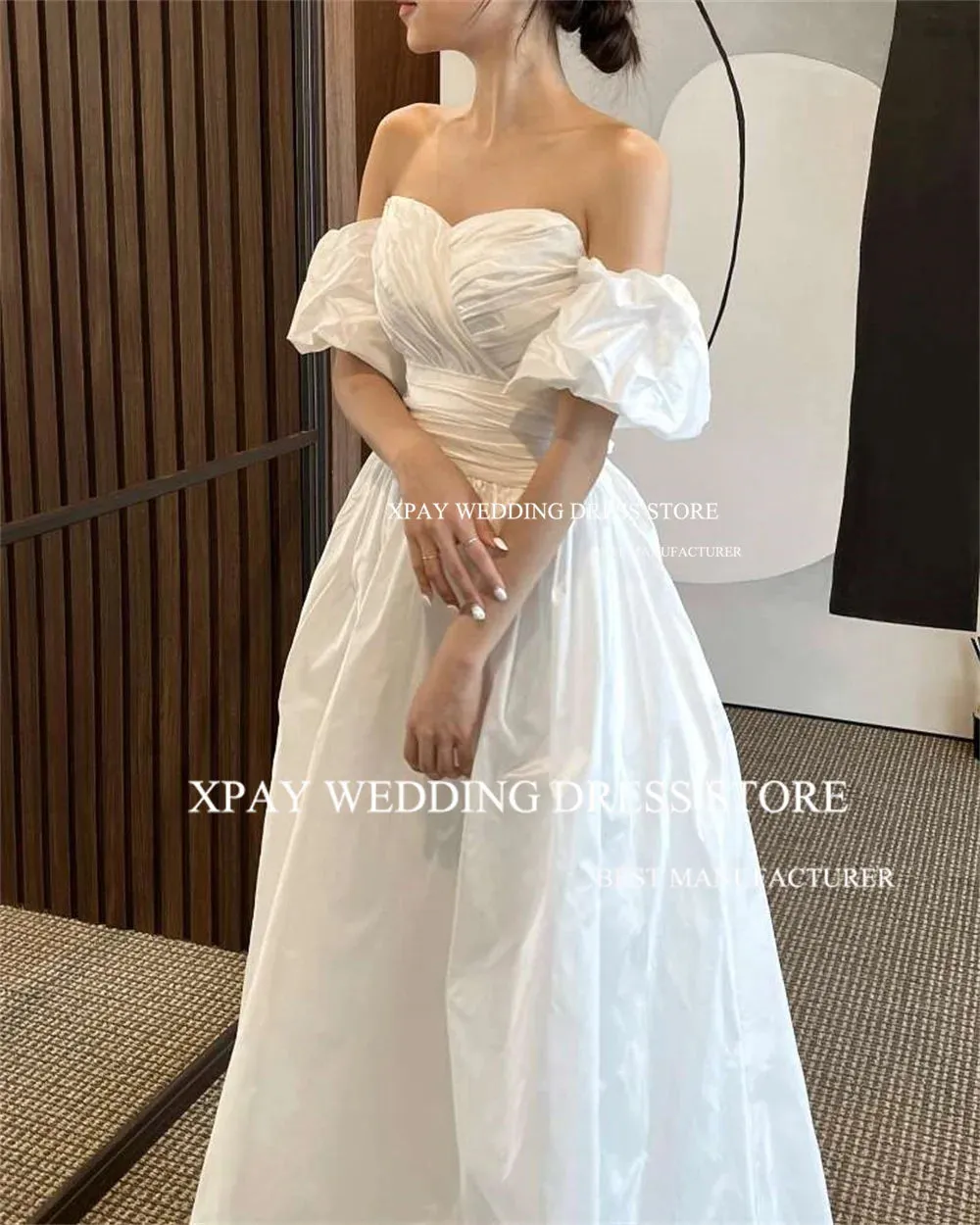 Wedding Dresses Satin Pleats Corset Back Bridal Gowns Short Lantern