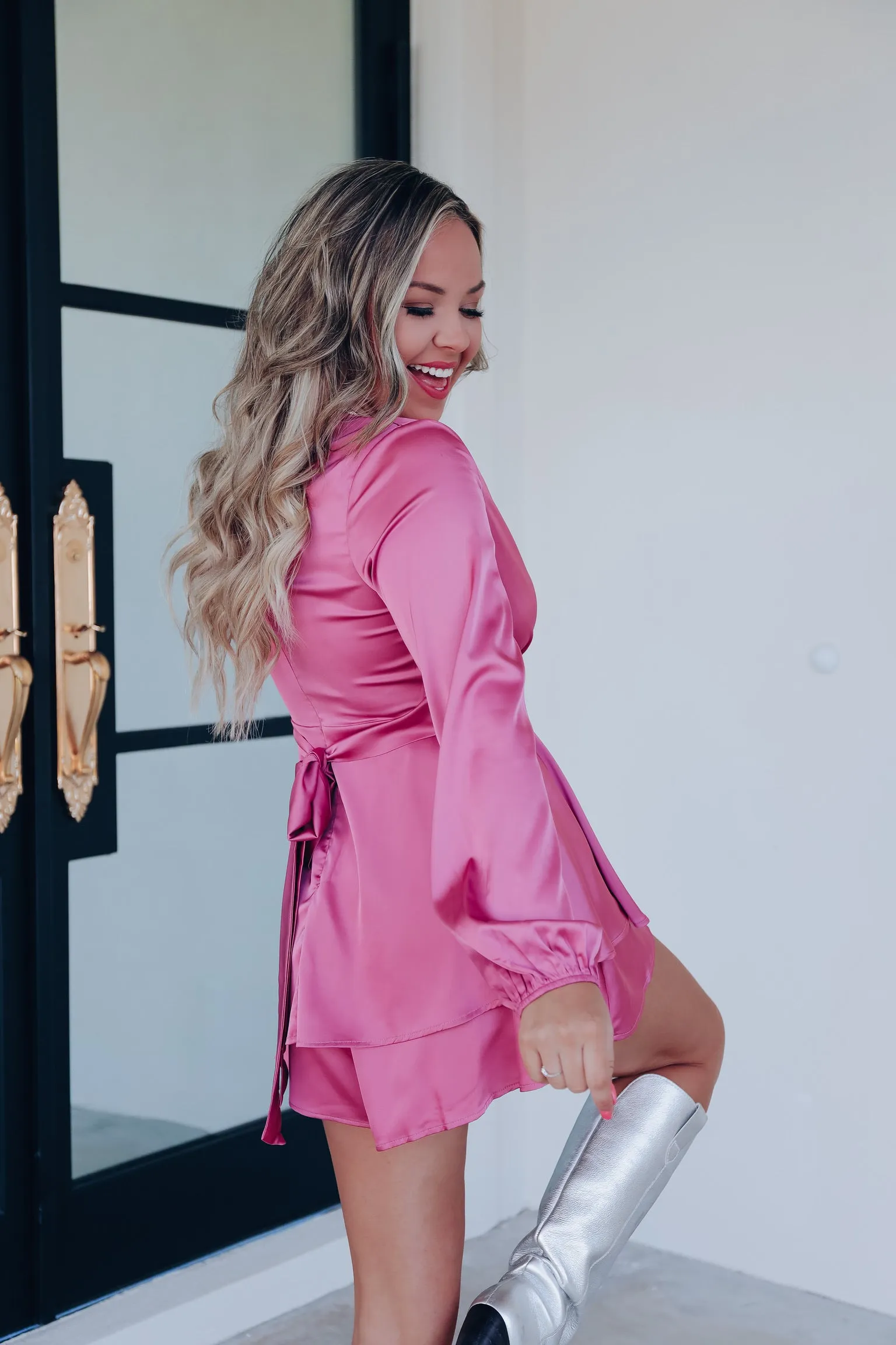 Weekend Worthy Satin Surplice  Romper - Mauve