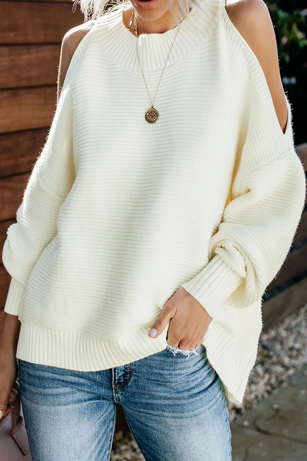 White Cold Shoulder Pullover Sweater