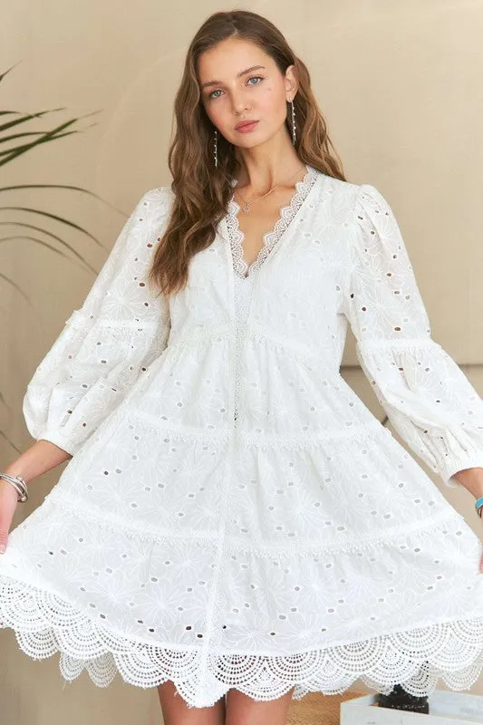 White Lace Detail Tiered Eyelet V-Neck Babydoll Dress