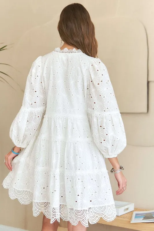 White Lace Detail Tiered Eyelet V-Neck Babydoll Dress