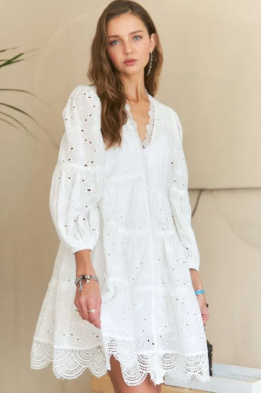 White Lace Detail Tiered Eyelet V-Neck Babydoll Dress