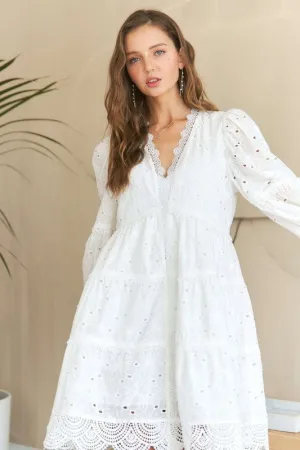 White Lace Detail Tiered Eyelet V-Neck Babydoll Dress