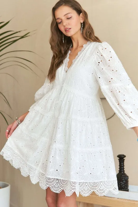 White Lace Detail Tiered Eyelet V-Neck Babydoll Dress