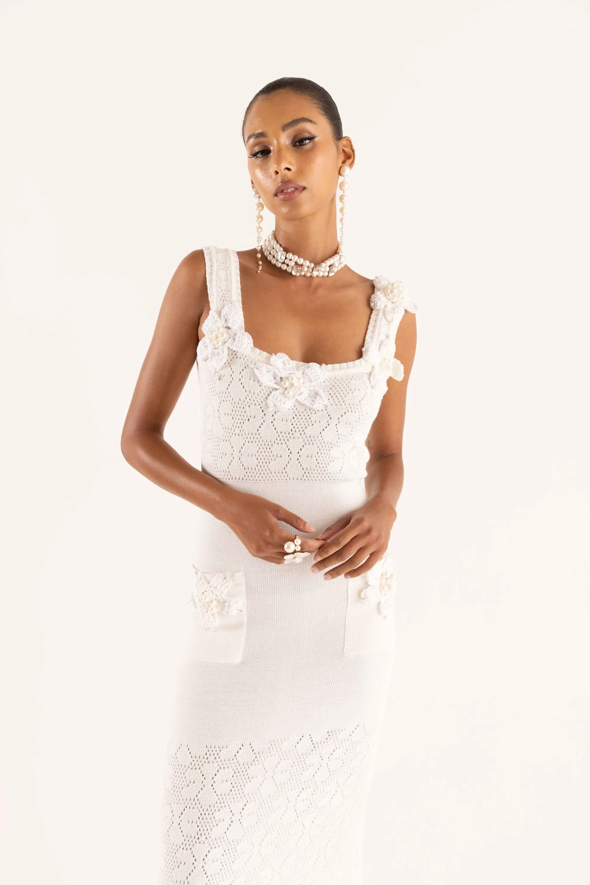 White Vanilla Knit Dress With Handmade Embroidery