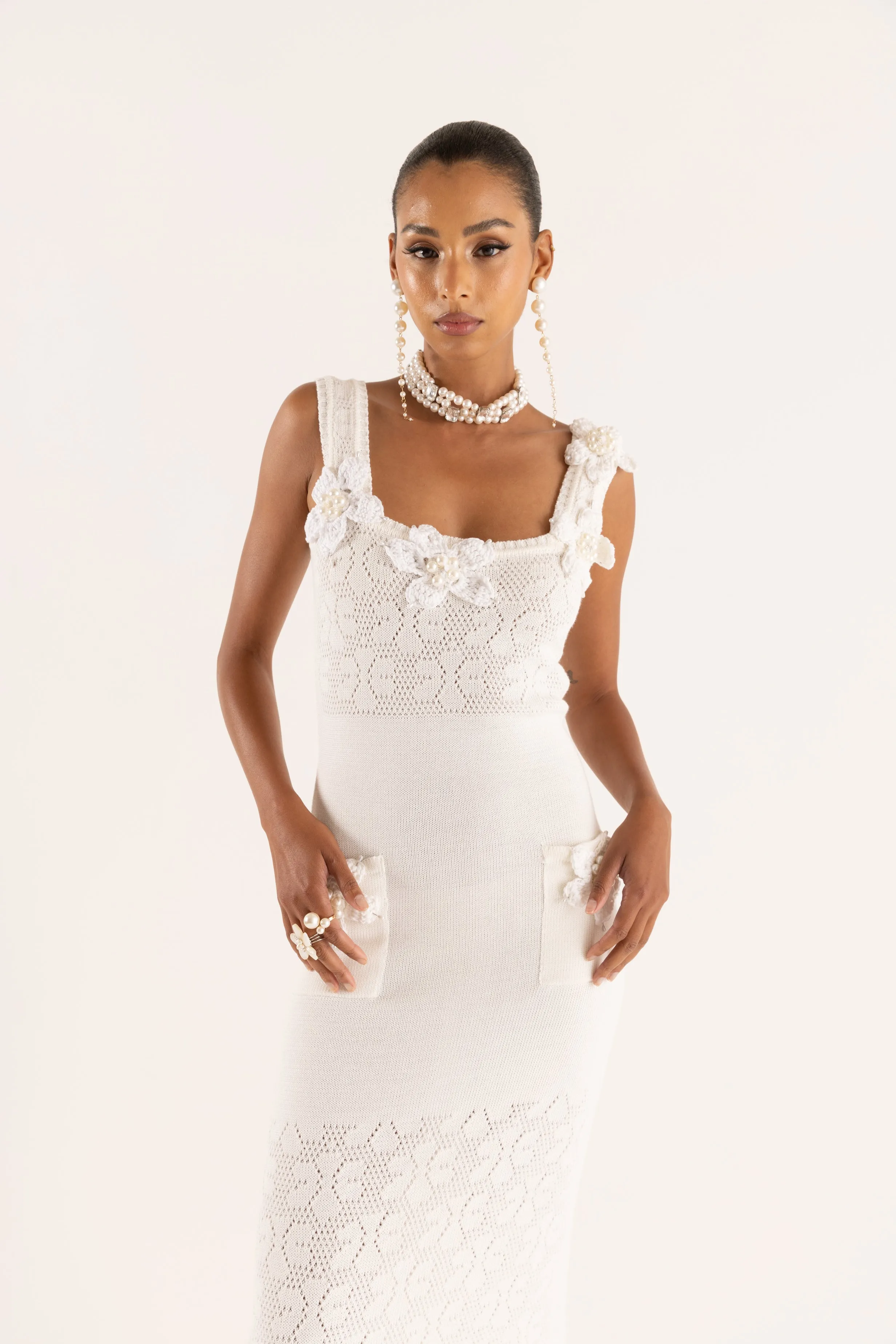White Vanilla Knit Dress With Handmade Embroidery