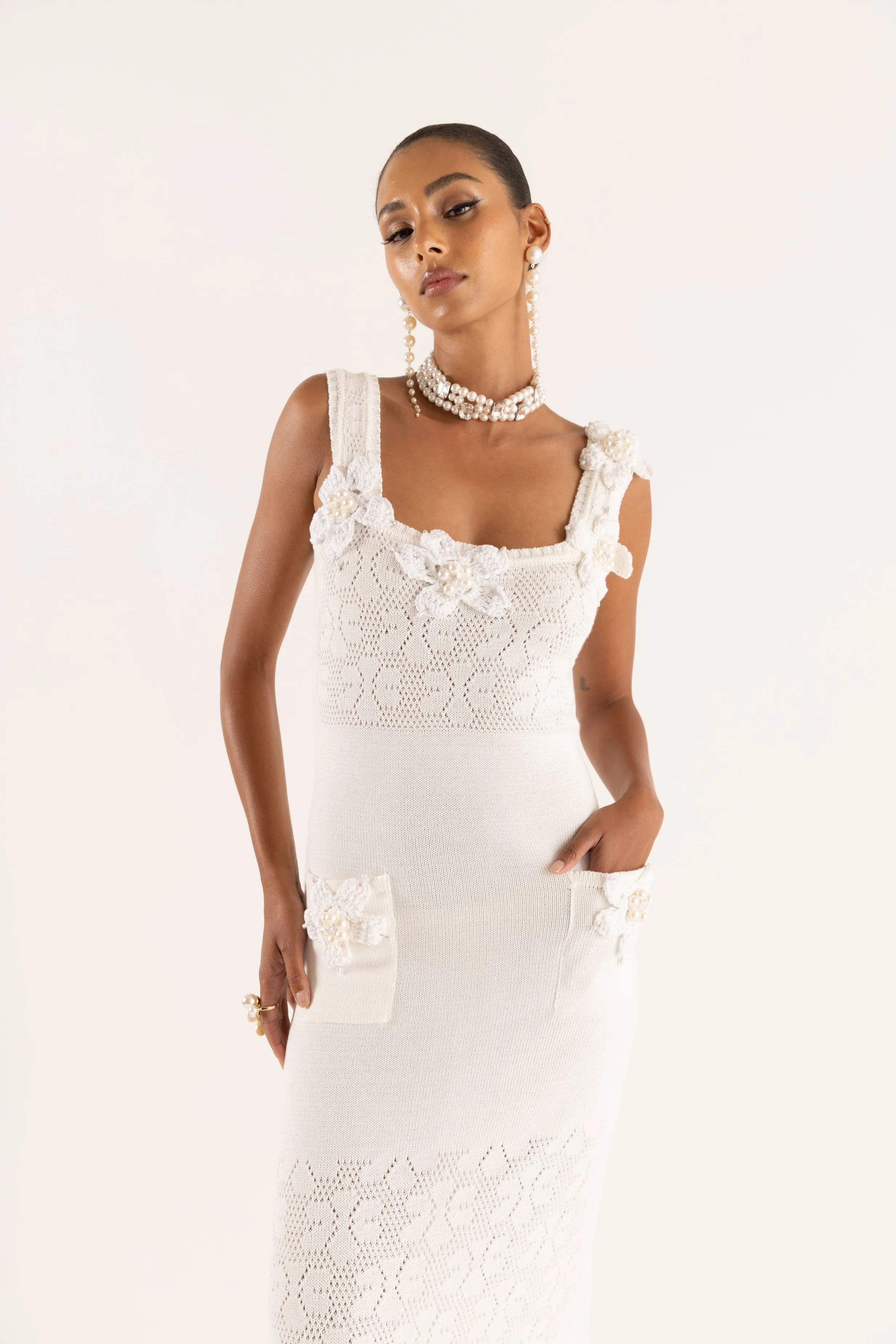 White Vanilla Knit Dress With Handmade Embroidery