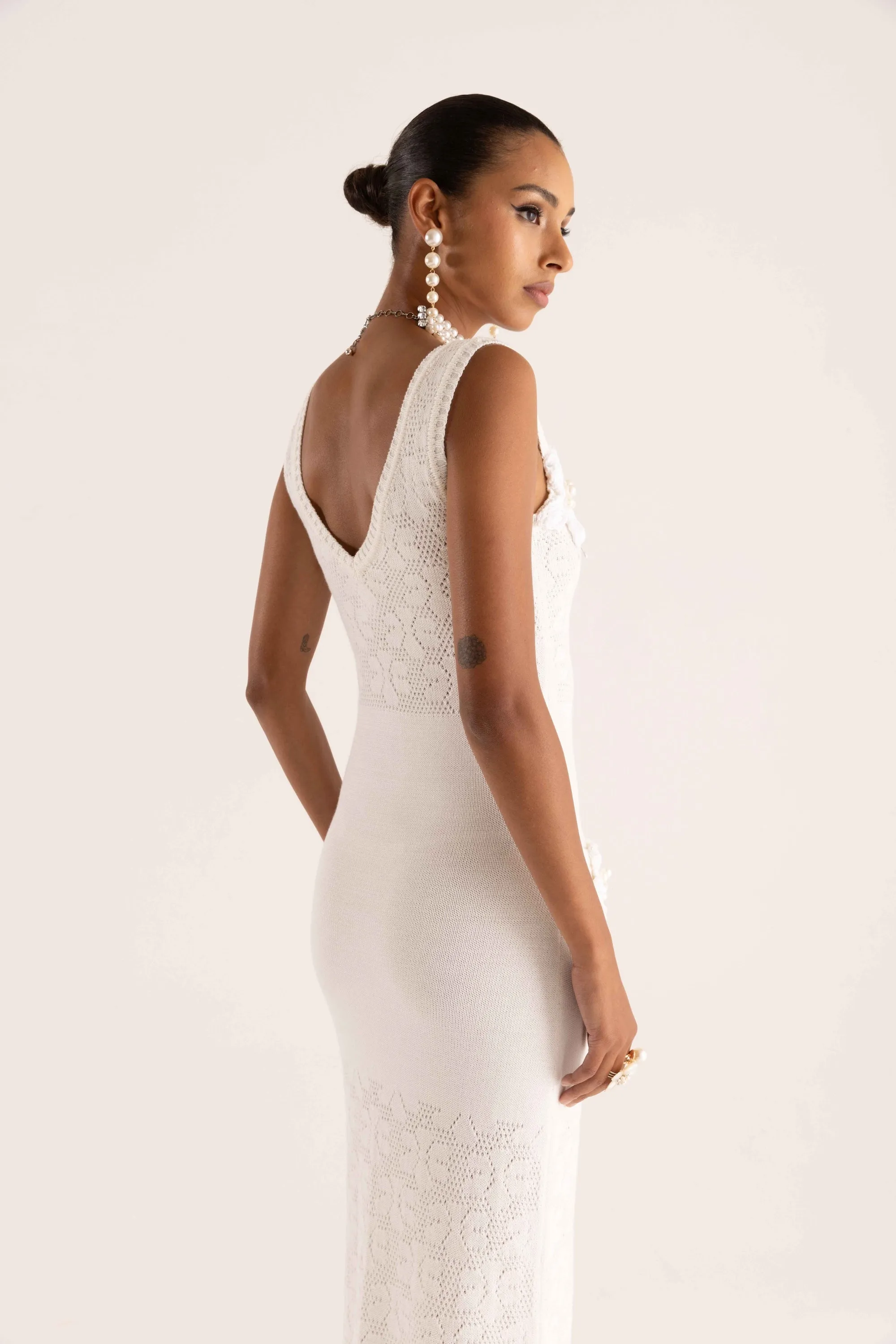 White Vanilla Knit Dress With Handmade Embroidery