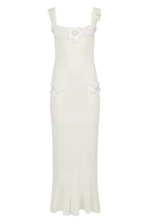 White Vanilla Knit Dress With Handmade Embroidery