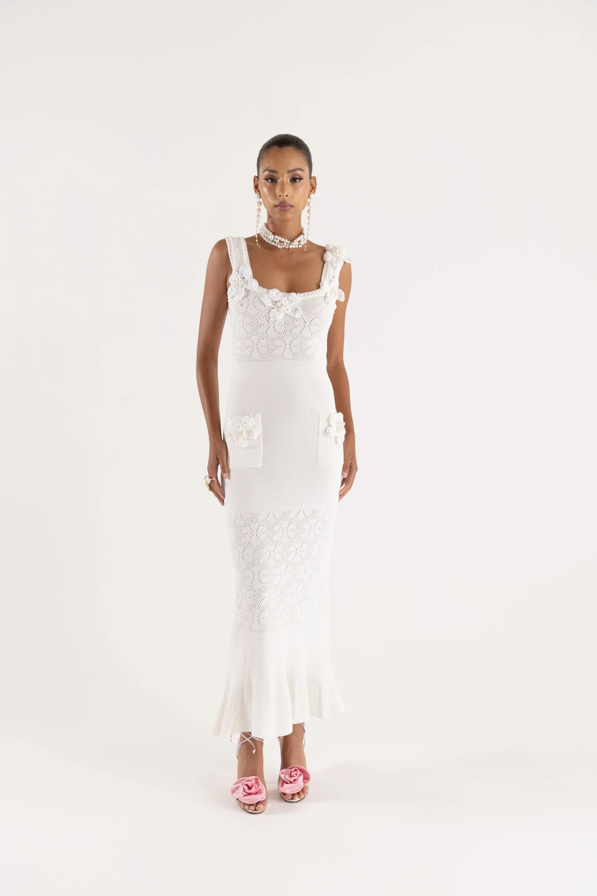 White Vanilla Knit Dress With Handmade Embroidery