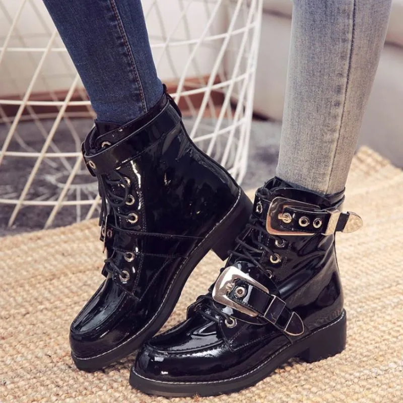 Women Boots Stylish Sewing Ankle Boots Woman Motorcycle Boots Outdoor Buckle Lacing Female Footwear Size 33-40