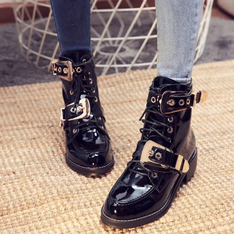 Women Boots Stylish Sewing Ankle Boots Woman Motorcycle Boots Outdoor Buckle Lacing Female Footwear Size 33-40