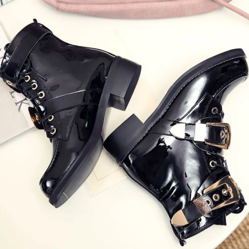 Women Boots Stylish Sewing Ankle Boots Woman Motorcycle Boots Outdoor Buckle Lacing Female Footwear Size 33-40
