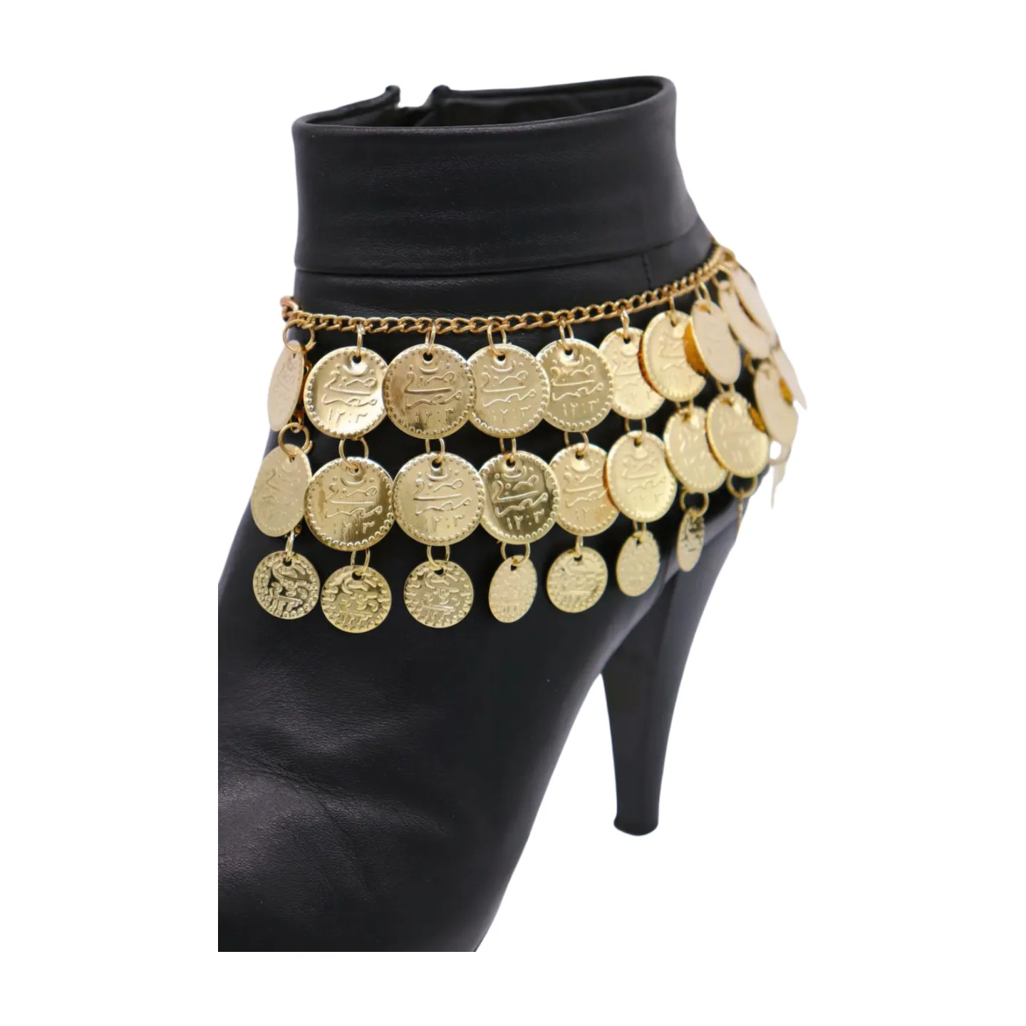 Women Gold Metal Chain Boot Bracelet Shoe Anklet Ethnic Coin Charms