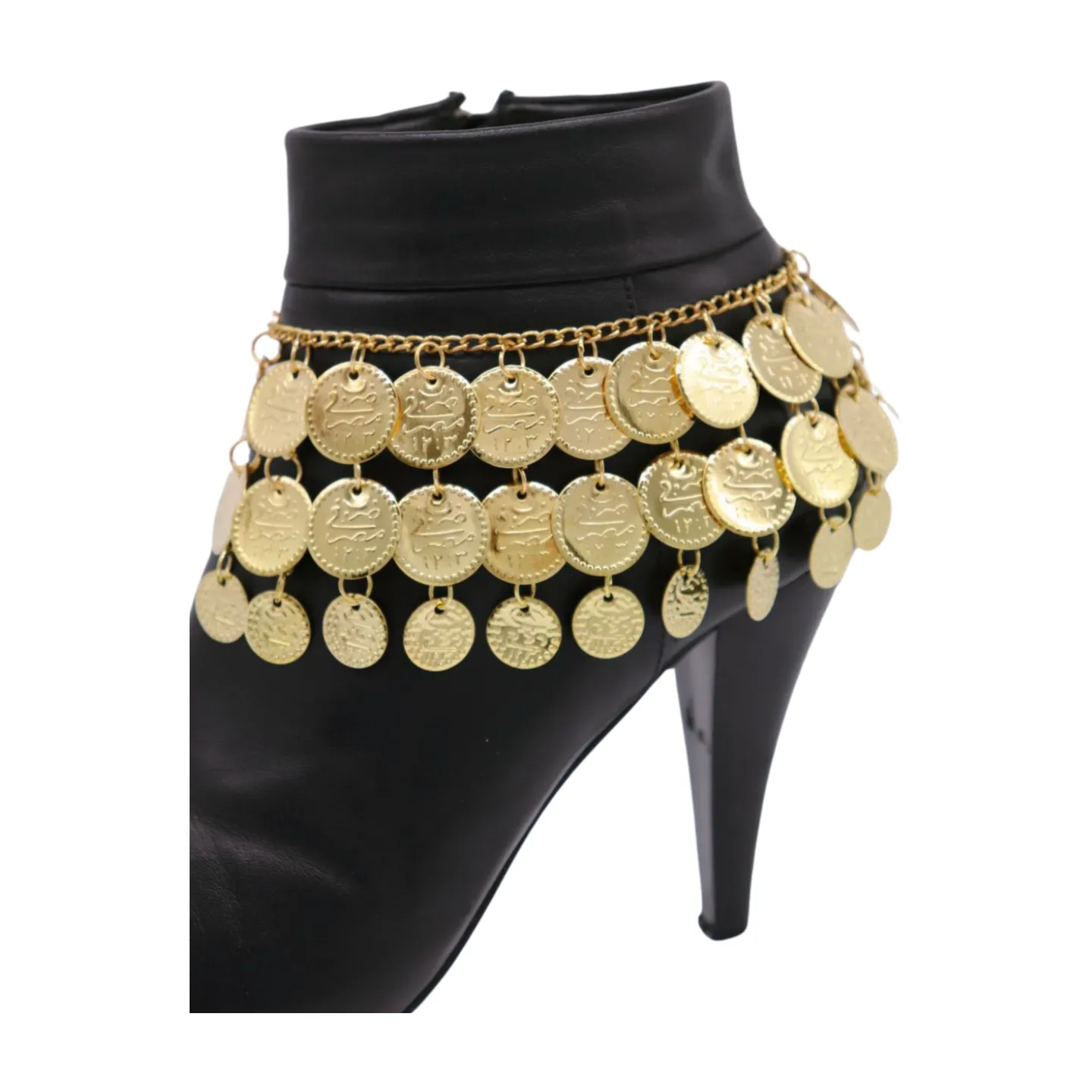 Women Gold Metal Chain Boot Bracelet Shoe Anklet Ethnic Coin Charms