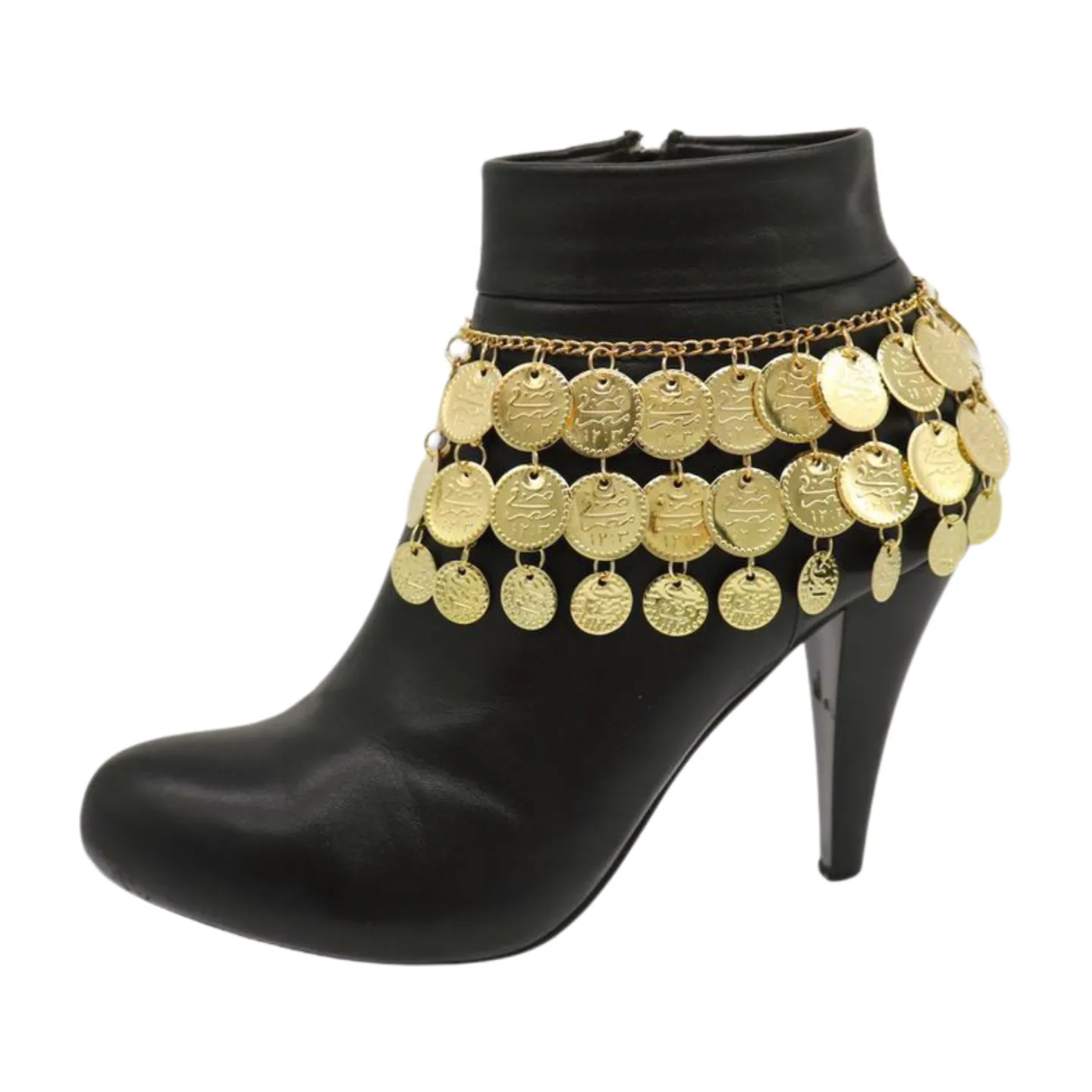 Women Gold Metal Chain Boot Bracelet Shoe Anklet Ethnic Coin Charms