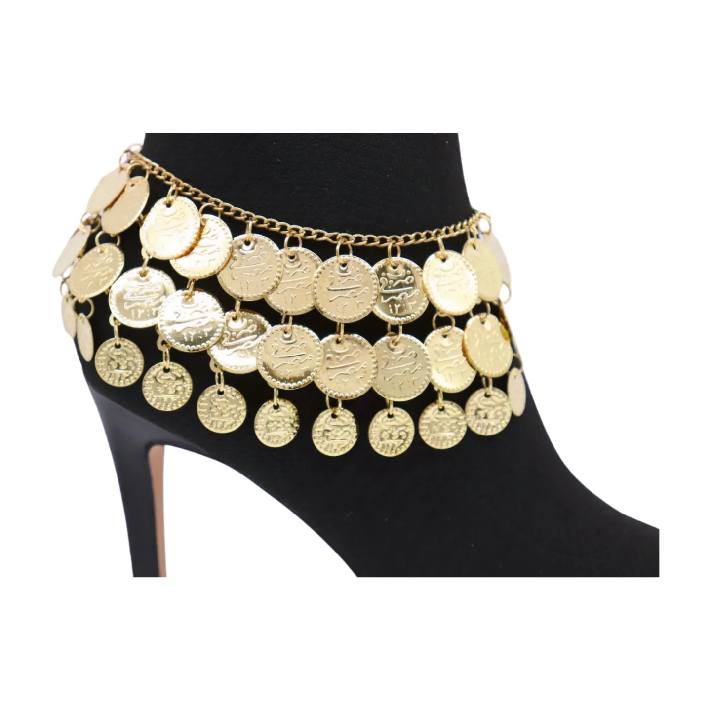Women Gold Metal Chain Boot Bracelet Shoe Anklet Ethnic Coin Charms