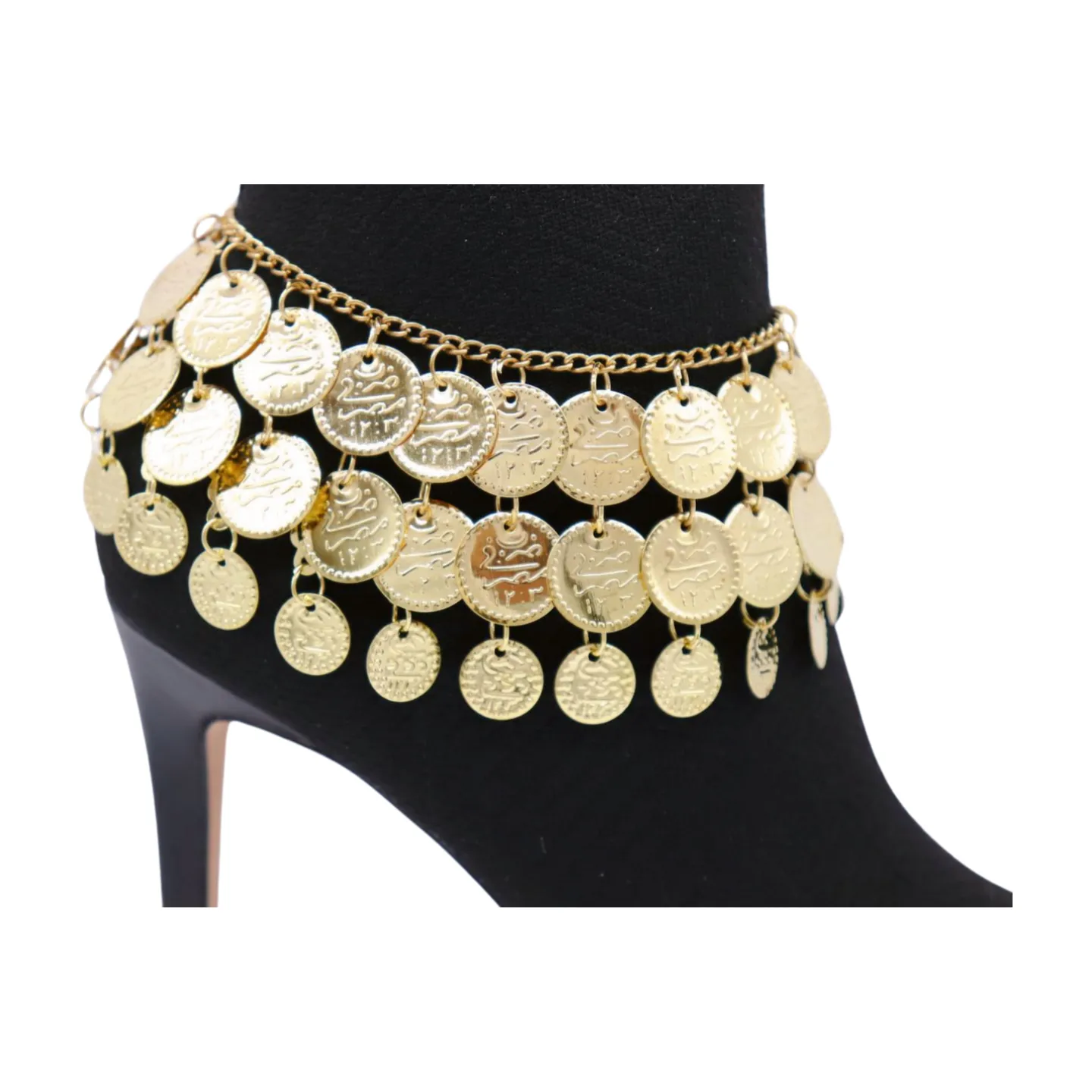 Women Gold Metal Chain Boot Bracelet Shoe Anklet Ethnic Coin Charms