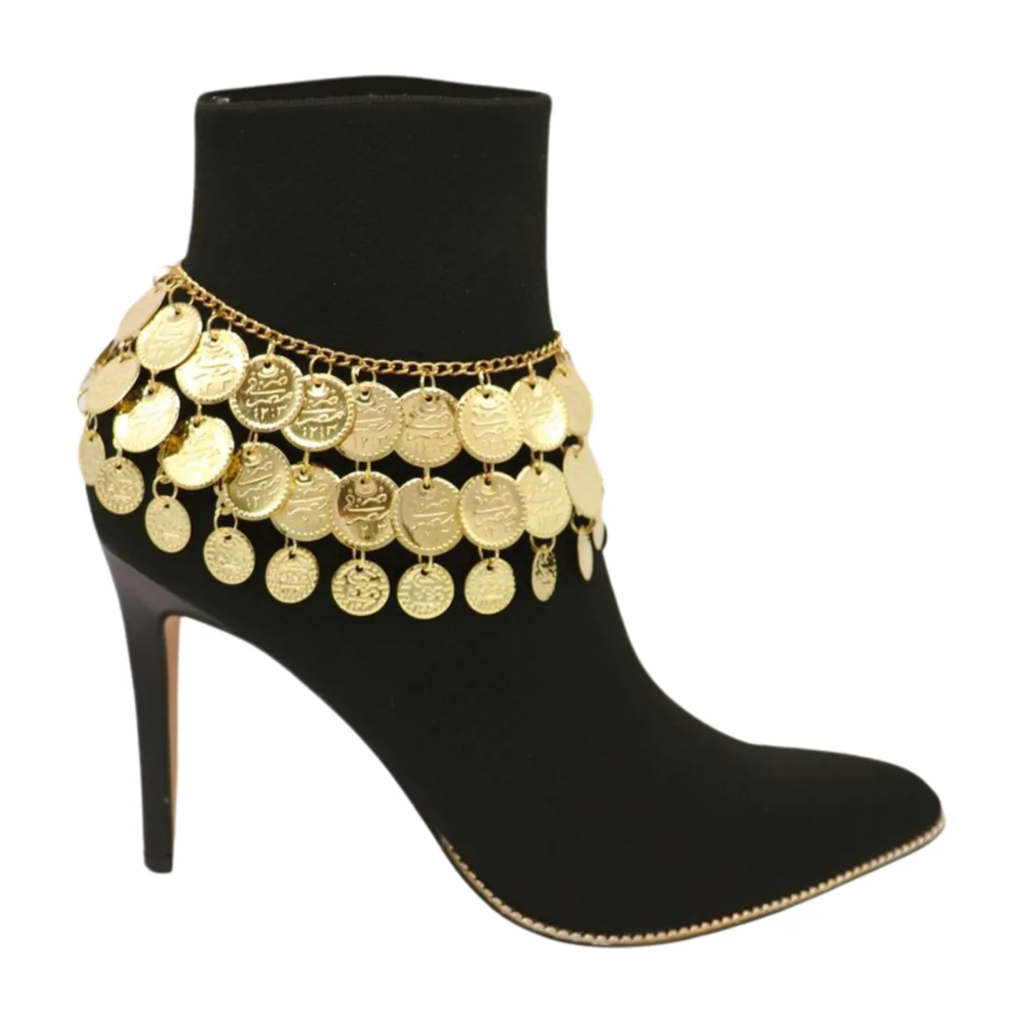 Women Gold Metal Chain Boot Bracelet Shoe Anklet Ethnic Coin Charms