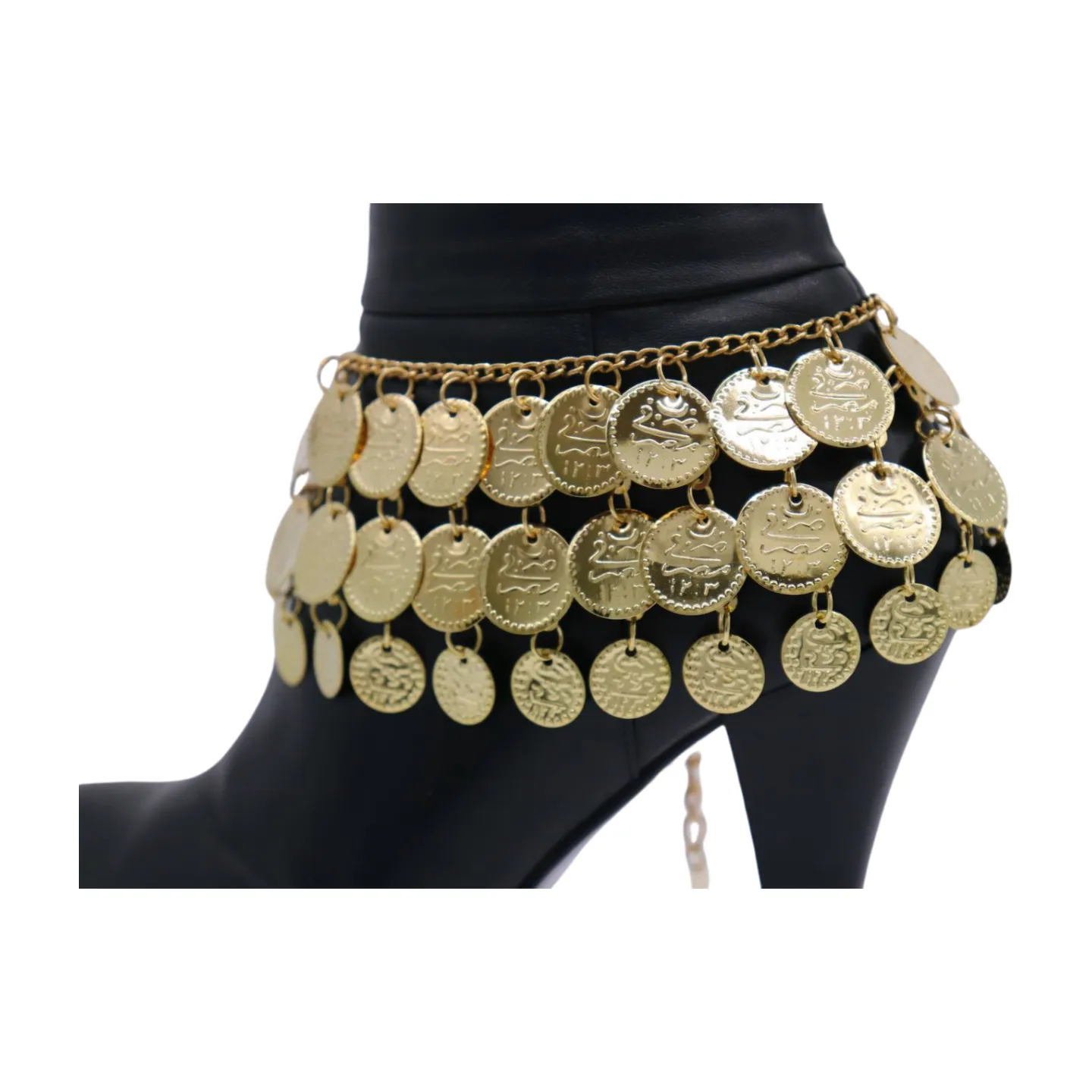 Women Gold Metal Chain Boot Bracelet Shoe Anklet Ethnic Coin Charms