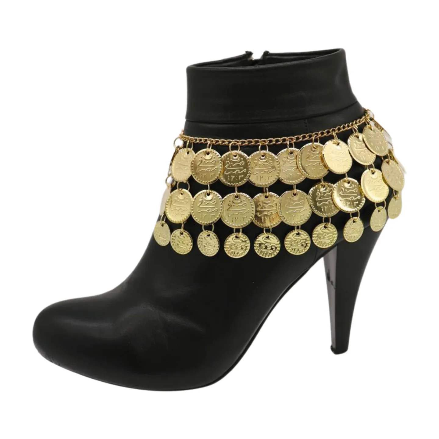 Women Gold Metal Chain Boot Bracelet Shoe Anklet Ethnic Coin Charms