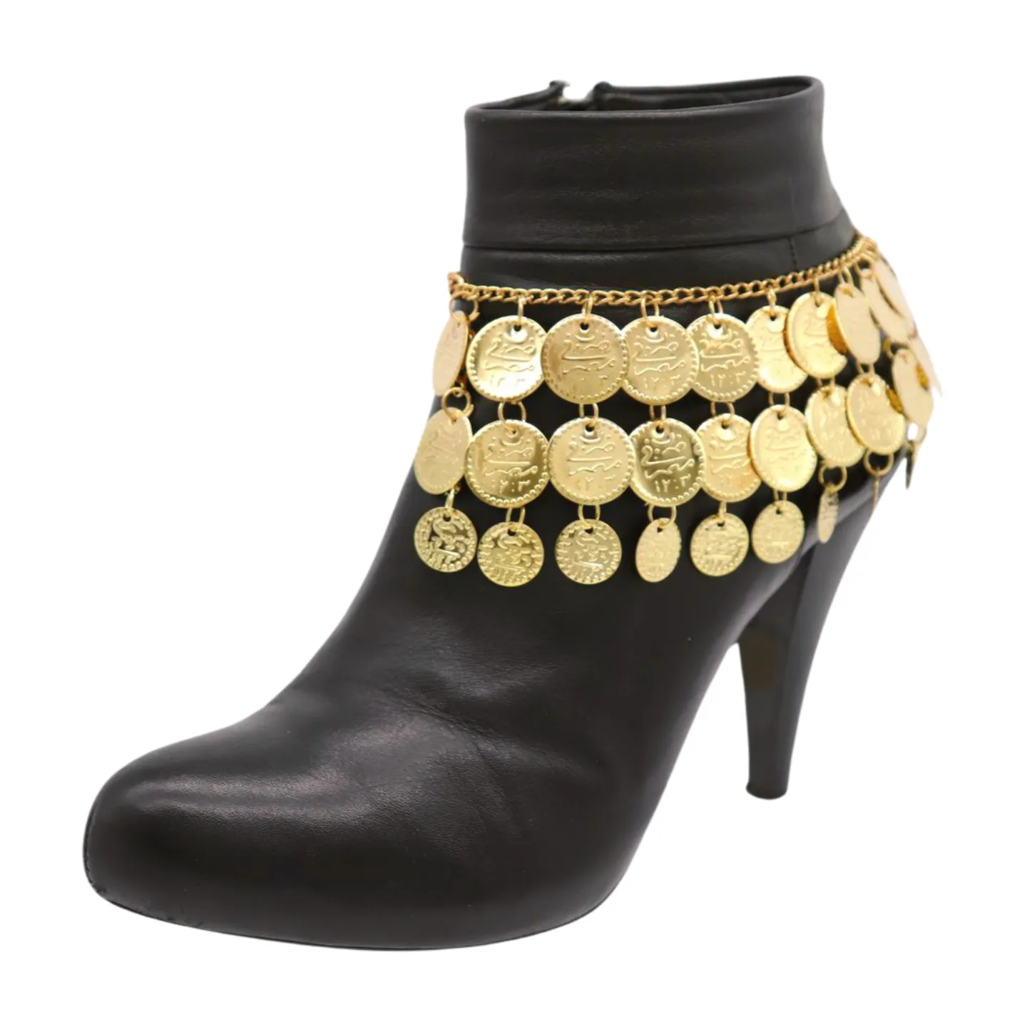 Women Gold Metal Chain Boot Bracelet Shoe Anklet Ethnic Coin Charms