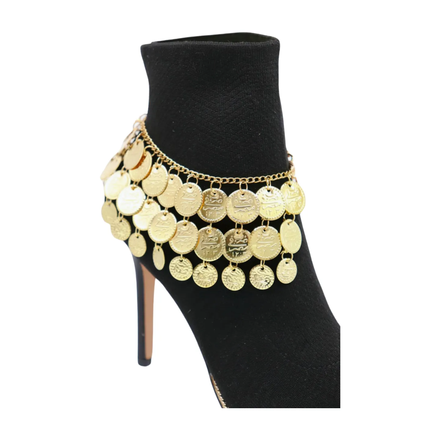 Women Gold Metal Chain Boot Bracelet Shoe Anklet Ethnic Coin Charms