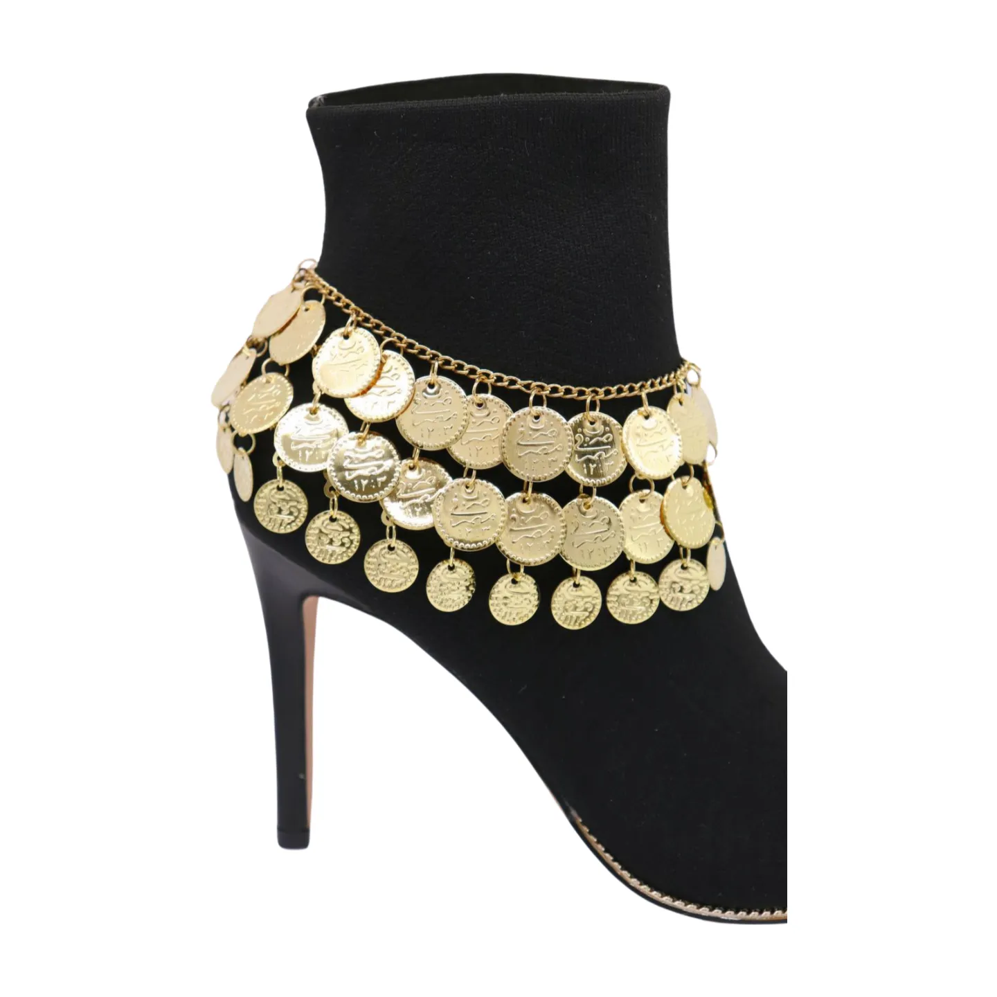 Women Gold Metal Chain Boot Bracelet Shoe Anklet Ethnic Coin Charms