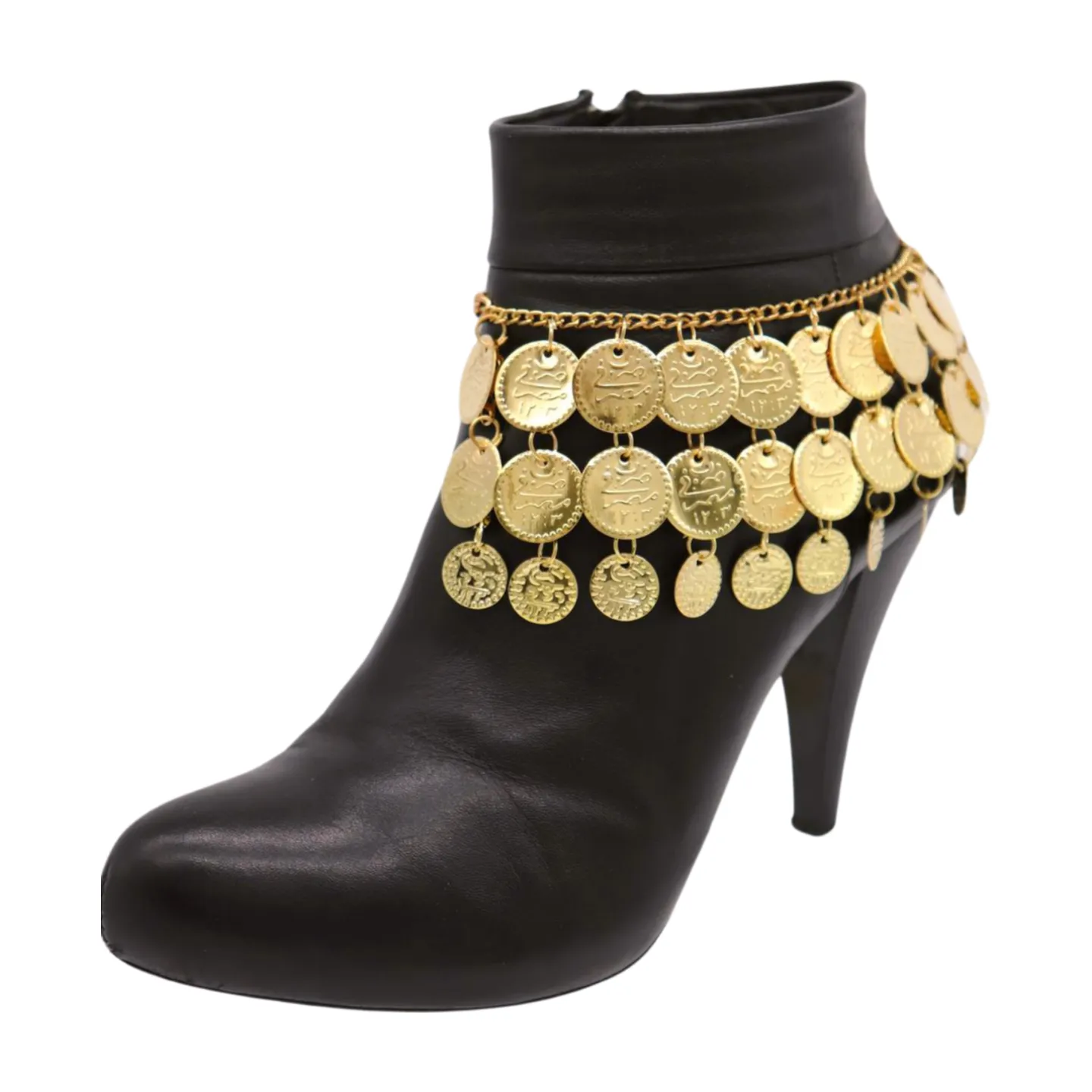 Women Gold Metal Chain Boot Bracelet Shoe Anklet Ethnic Coin Charms