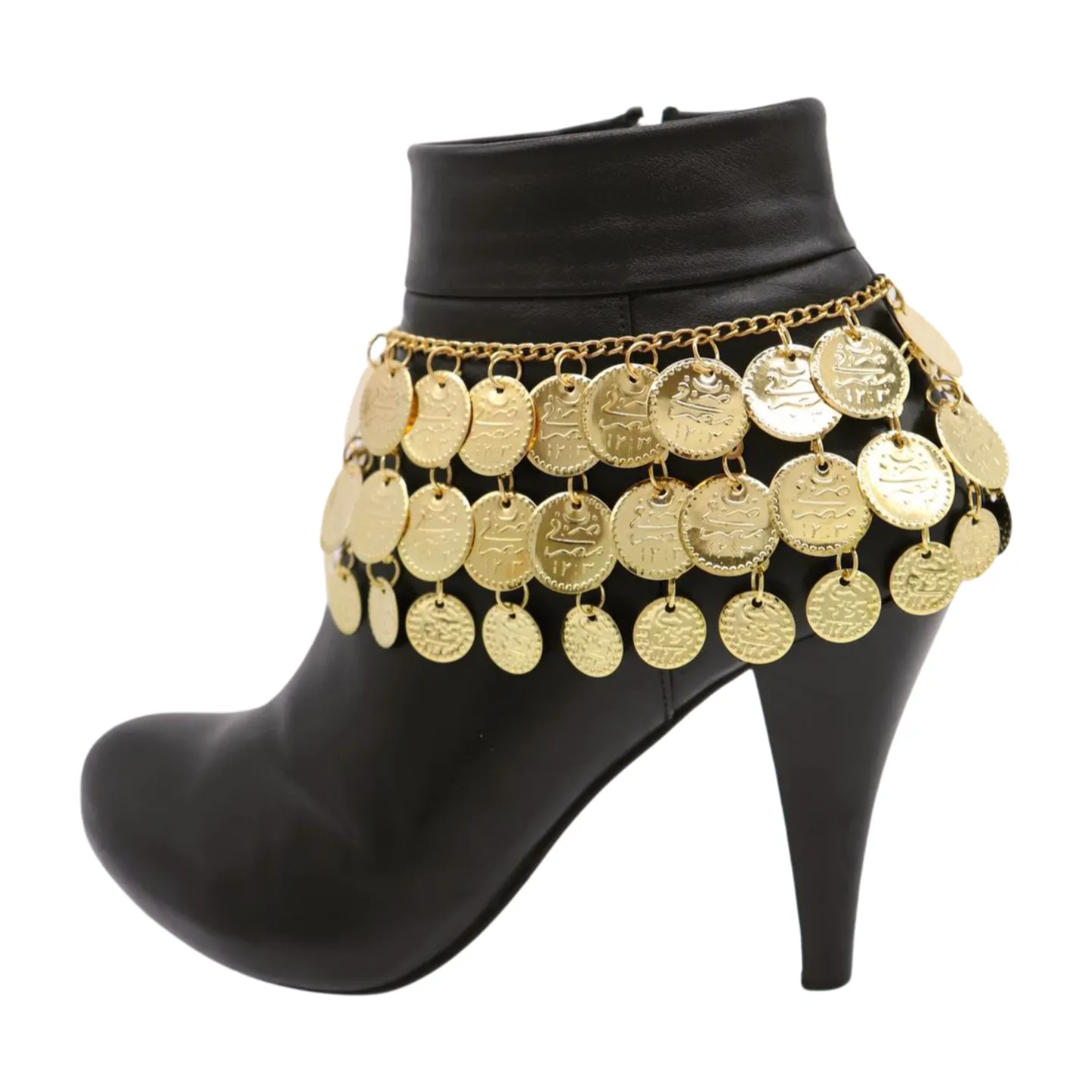 Women Gold Metal Chain Boot Bracelet Shoe Anklet Ethnic Coin Charms