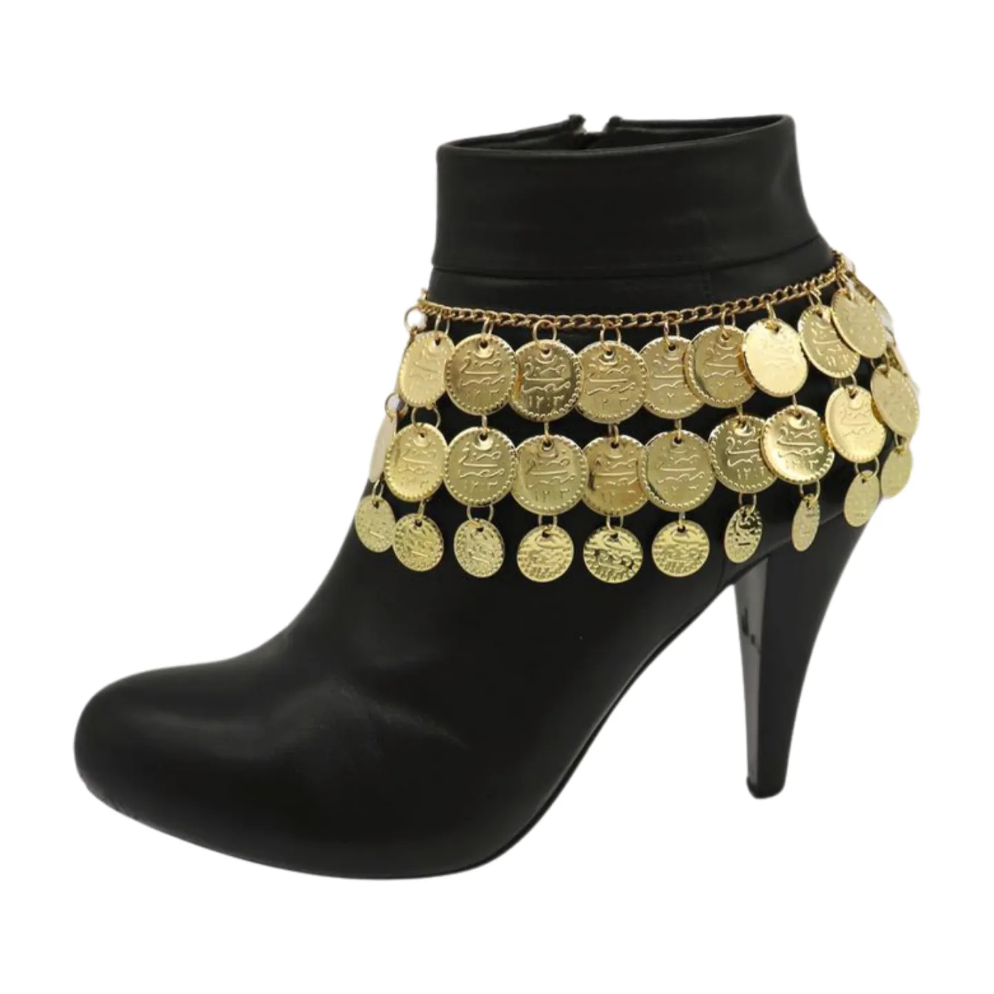 Women Gold Metal Chain Boot Bracelet Shoe Anklet Ethnic Coin Charms